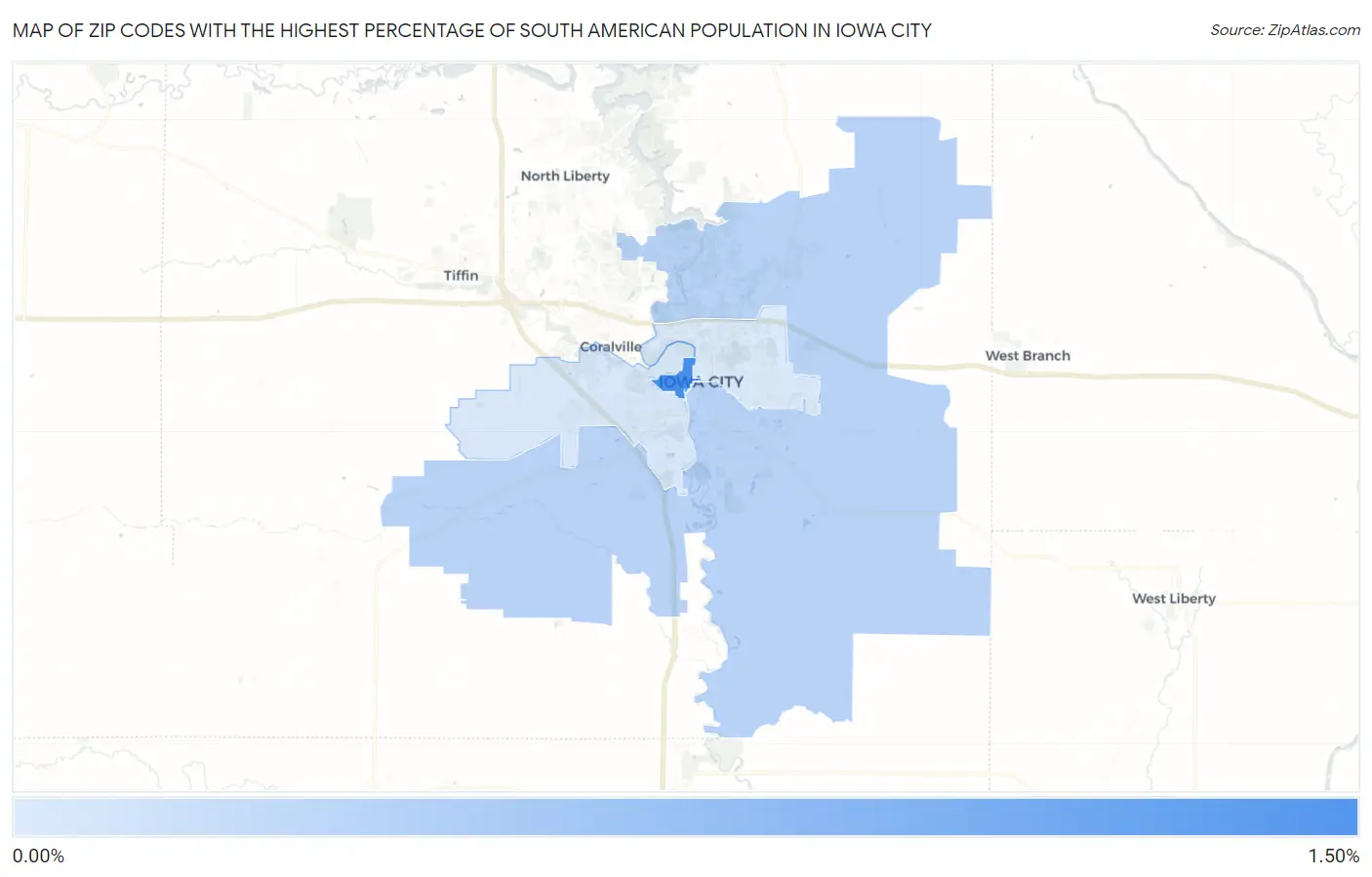 Zip Codes with the Highest Percentage of South American Population in Iowa City Map