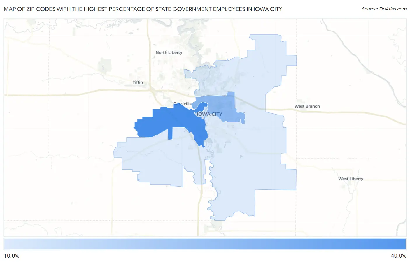 Zip Codes with the Highest Percentage of State Government Employees in Iowa City Map