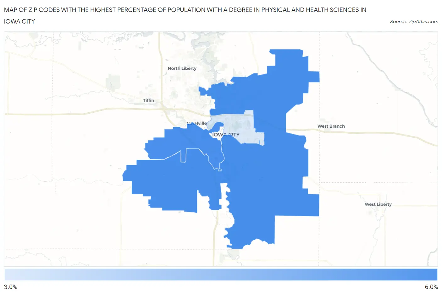 Zip Codes with the Highest Percentage of Population with a Degree in Physical and Health Sciences in Iowa City Map