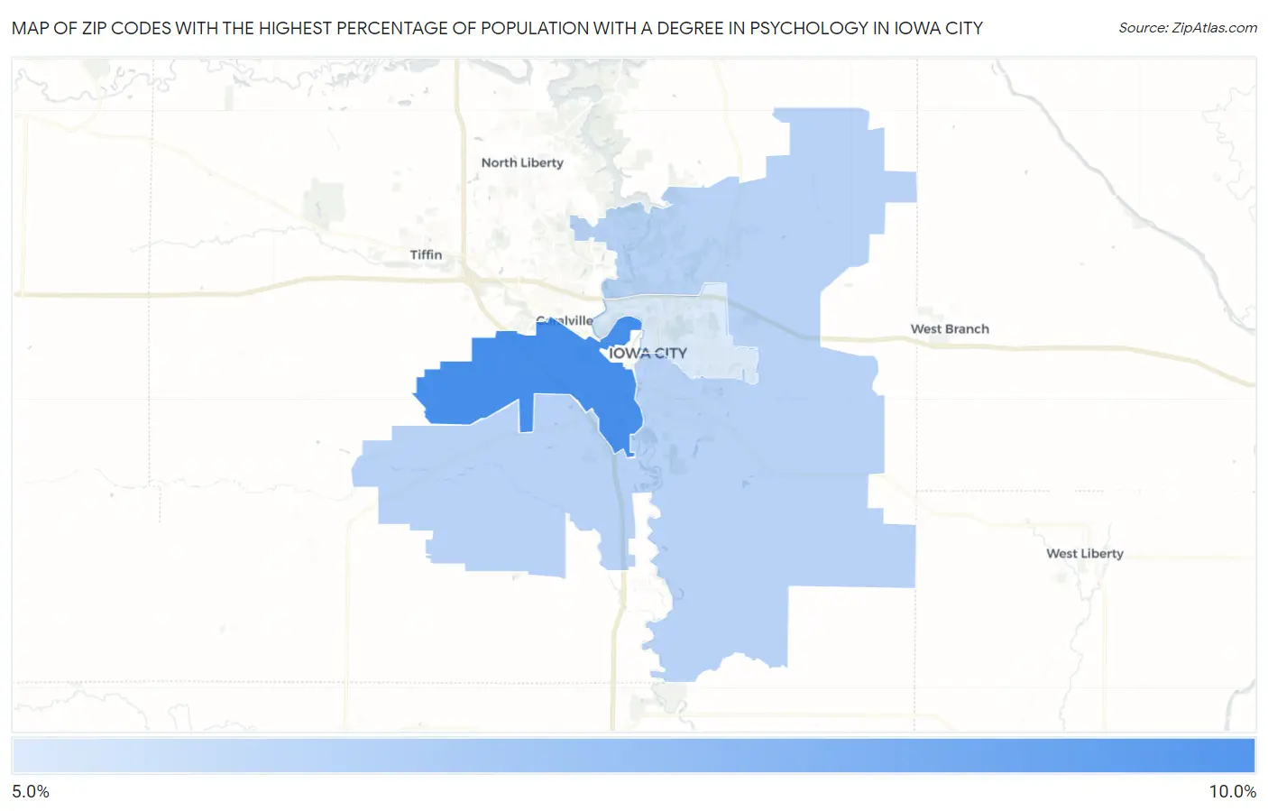 Zip Codes with the Highest Percentage of Population with a Degree in Psychology in Iowa City Map