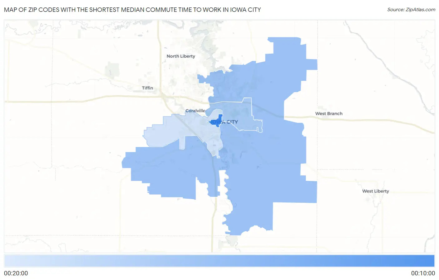 Zip Codes with the Shortest Median Commute Time to Work in Iowa City Map