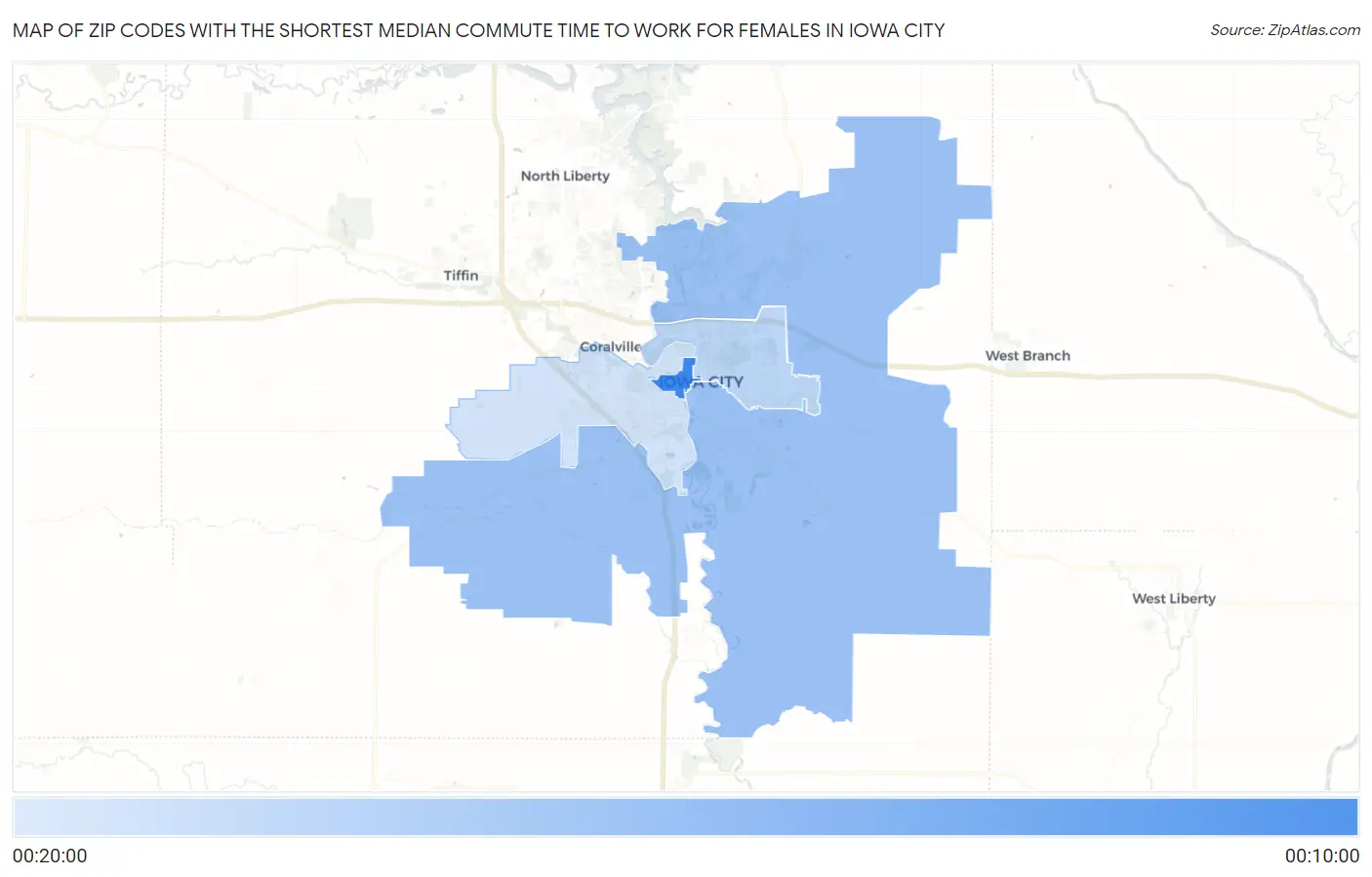 Zip Codes with the Shortest Median Commute Time to Work for Females in Iowa City Map