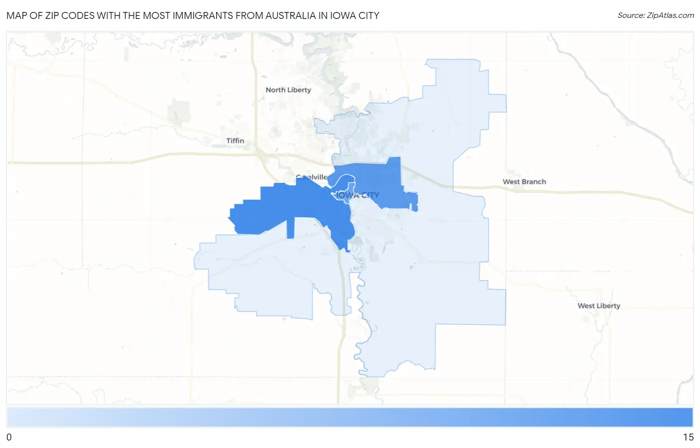 Zip Codes with the Most Immigrants from Australia in Iowa City Map