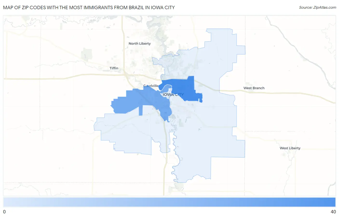 Zip Codes with the Most Immigrants from Brazil in Iowa City Map