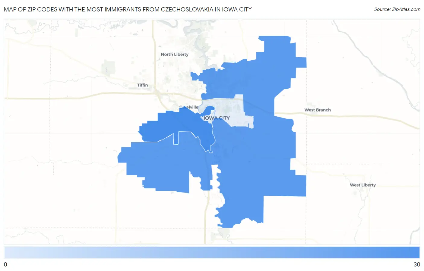Zip Codes with the Most Immigrants from Czechoslovakia in Iowa City Map