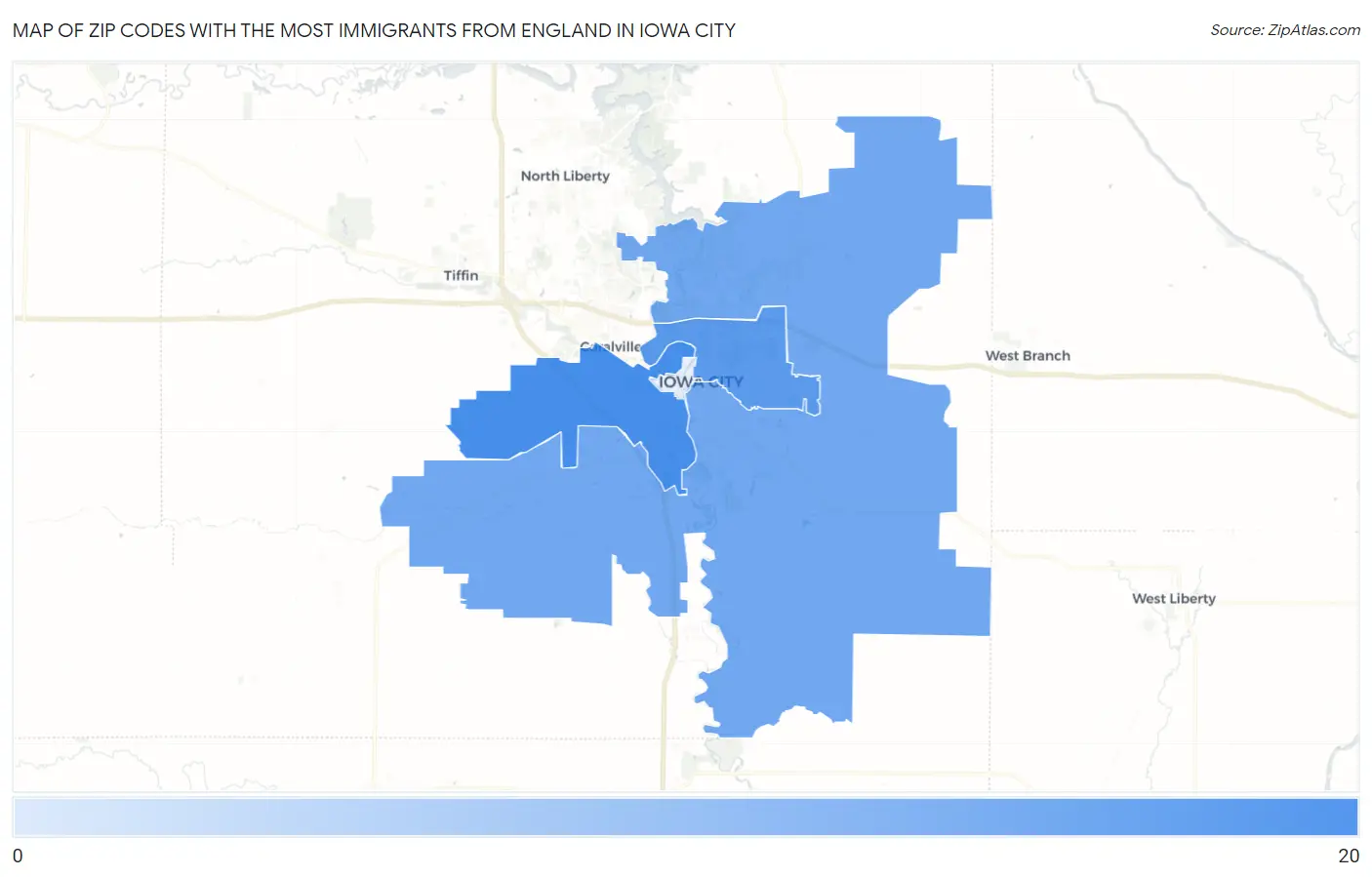 Zip Codes with the Most Immigrants from England in Iowa City Map