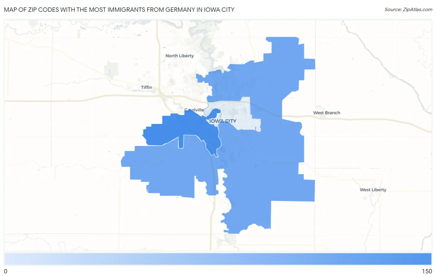 Zip Codes with the Most Immigrants from Germany in Iowa City Map