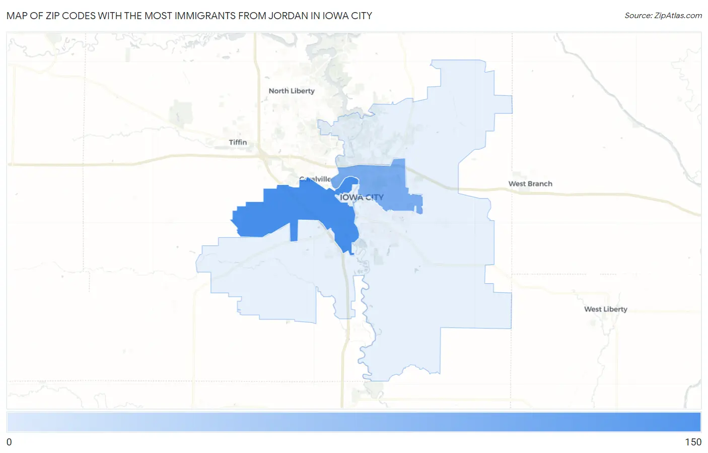 Zip Codes with the Most Immigrants from Jordan in Iowa City Map