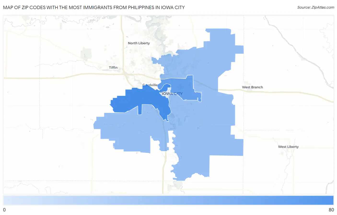 Zip Codes with the Most Immigrants from Philippines in Iowa City Map