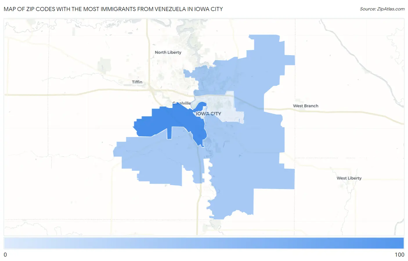 Zip Codes with the Most Immigrants from Venezuela in Iowa City Map