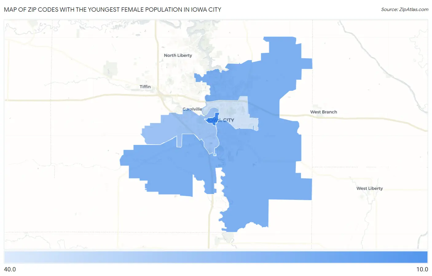 Zip Codes with the Youngest Female Population in Iowa City Map