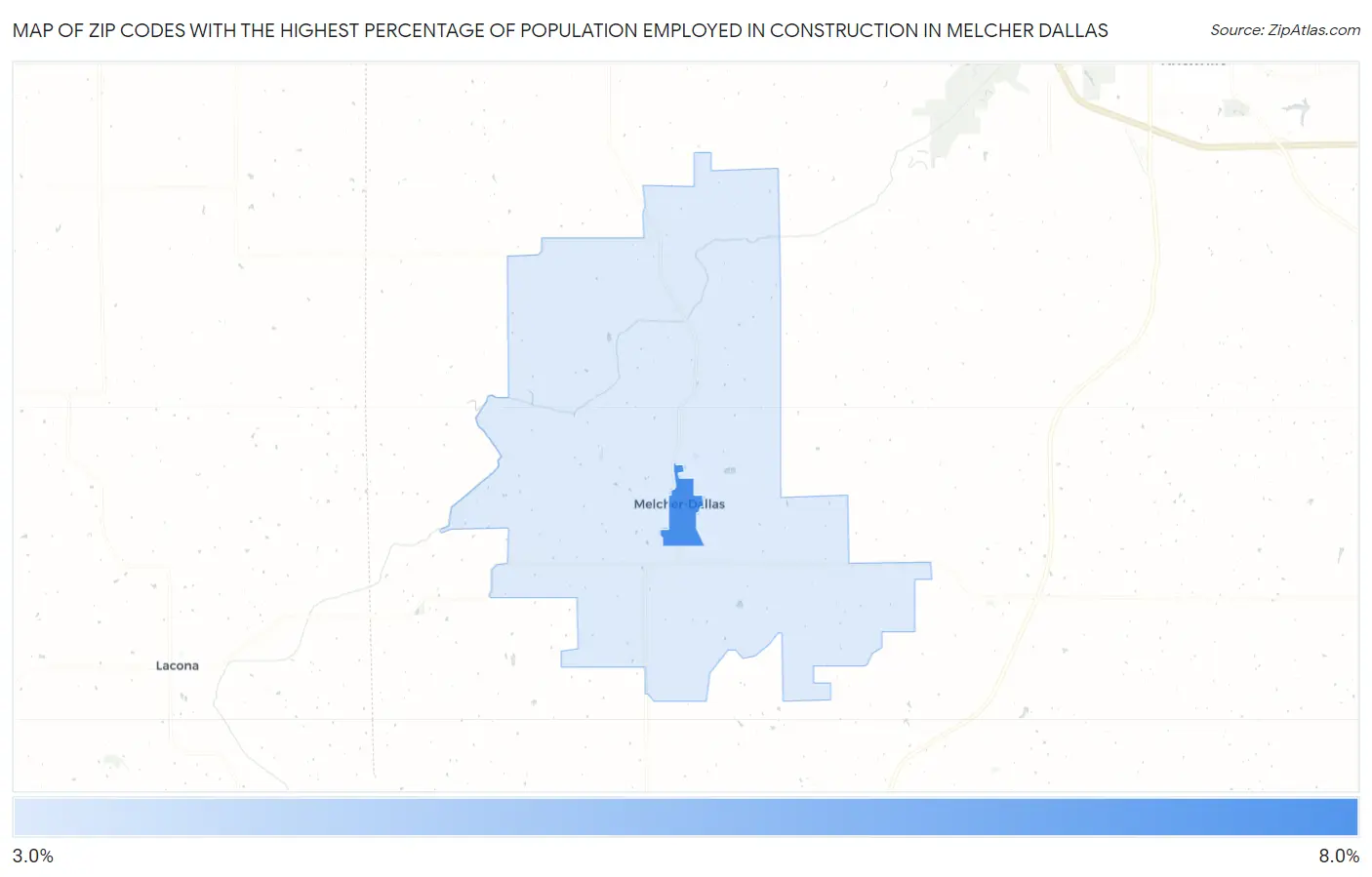 Zip Codes with the Highest Percentage of Population Employed in Construction in Melcher Dallas Map