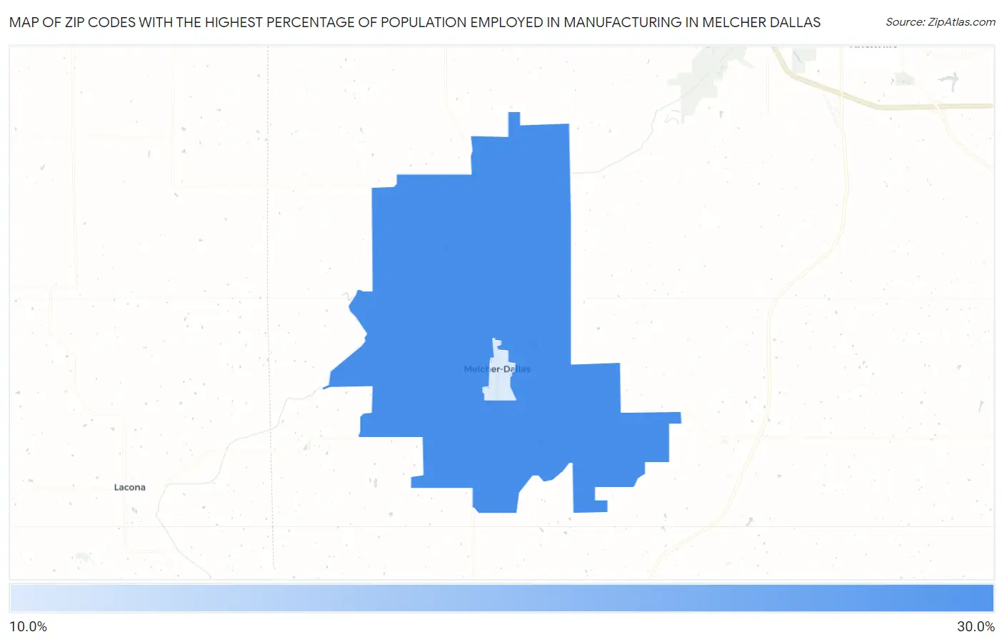 Zip Codes with the Highest Percentage of Population Employed in Manufacturing in Melcher Dallas Map
