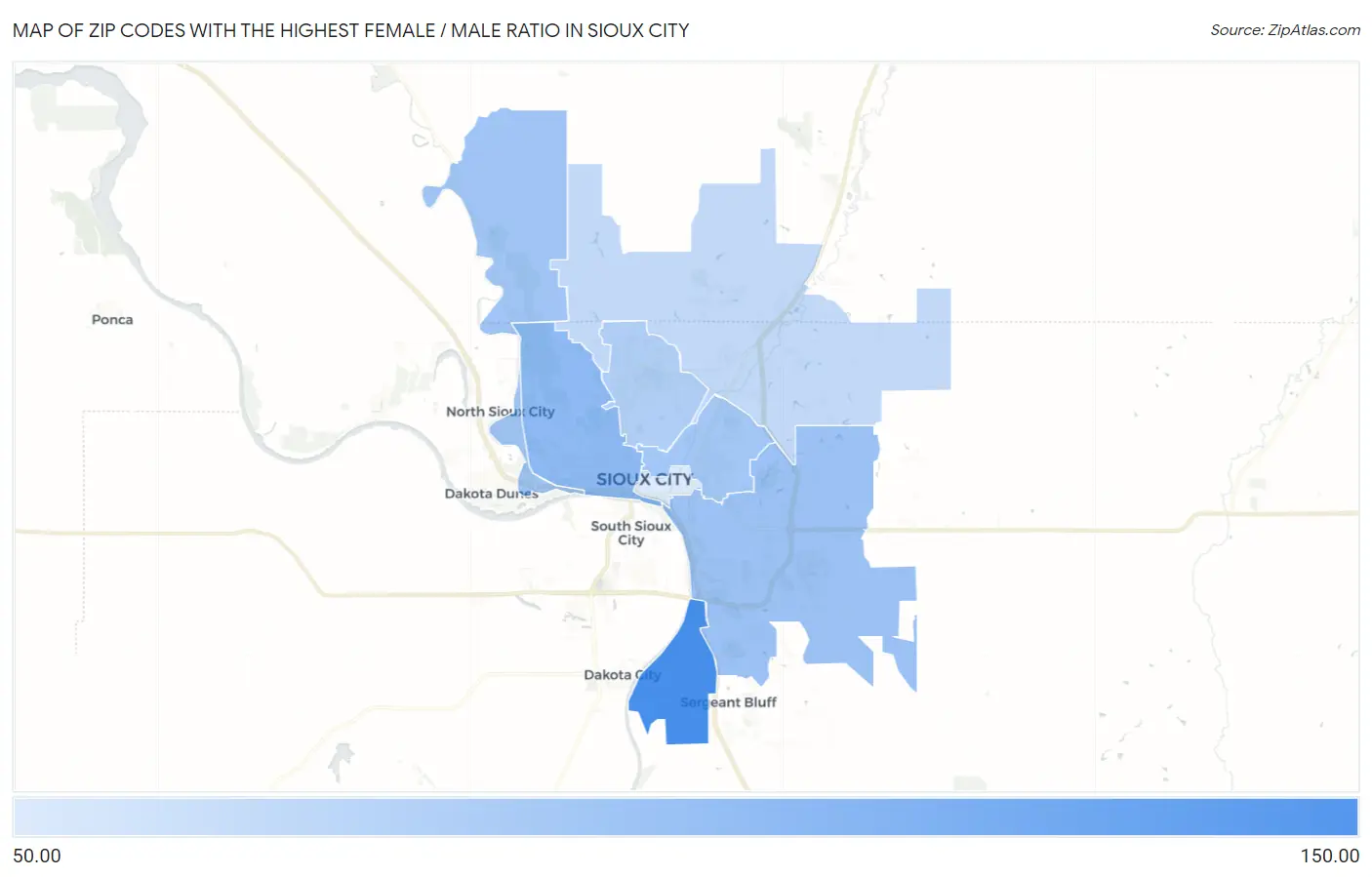 Zip Codes with the Highest Female / Male Ratio in Sioux City Map