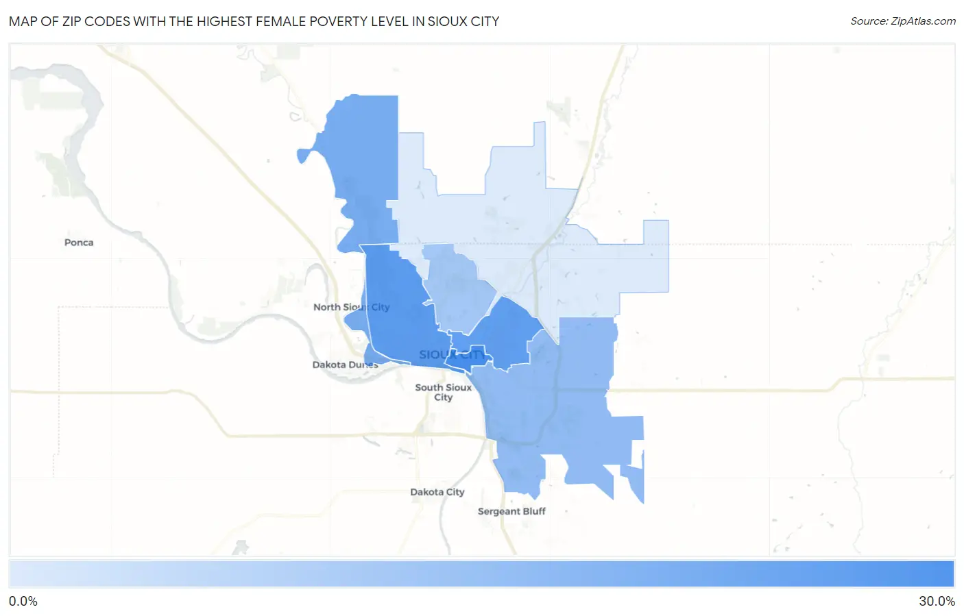 Zip Codes with the Highest Female Poverty Level in Sioux City Map
