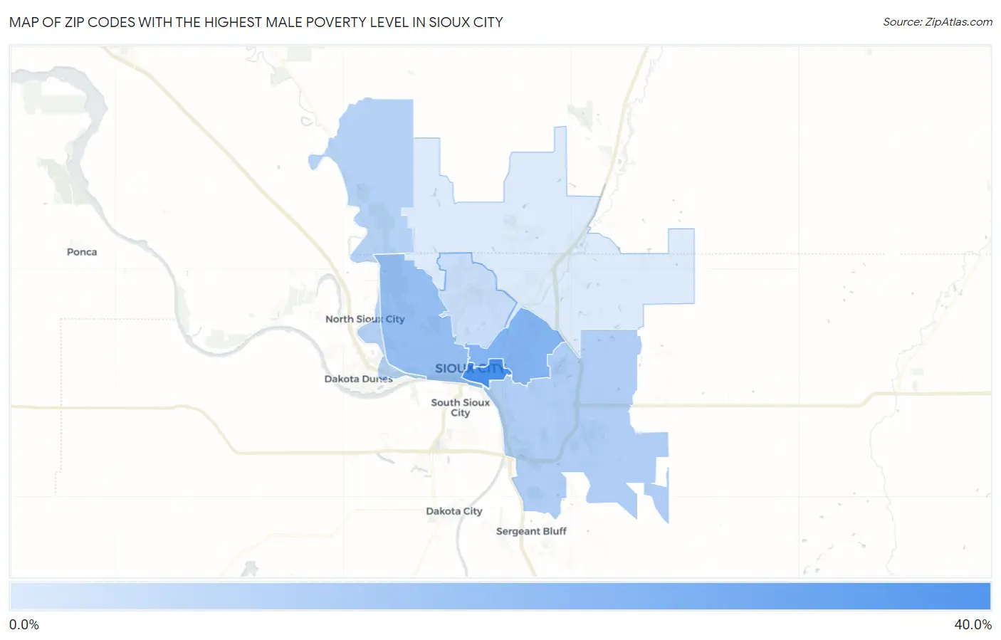 Zip Codes with the Highest Male Poverty Level in Sioux City Map