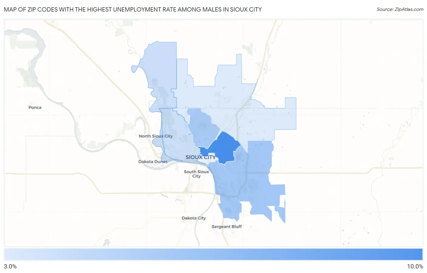 Zip Codes with the Highest Unemployment Rate Among Males in Sioux City Map