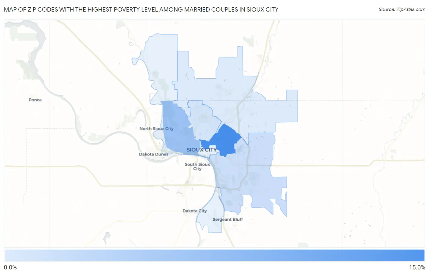 Zip Codes with the Highest Poverty Level Among Married Couples in Sioux City Map