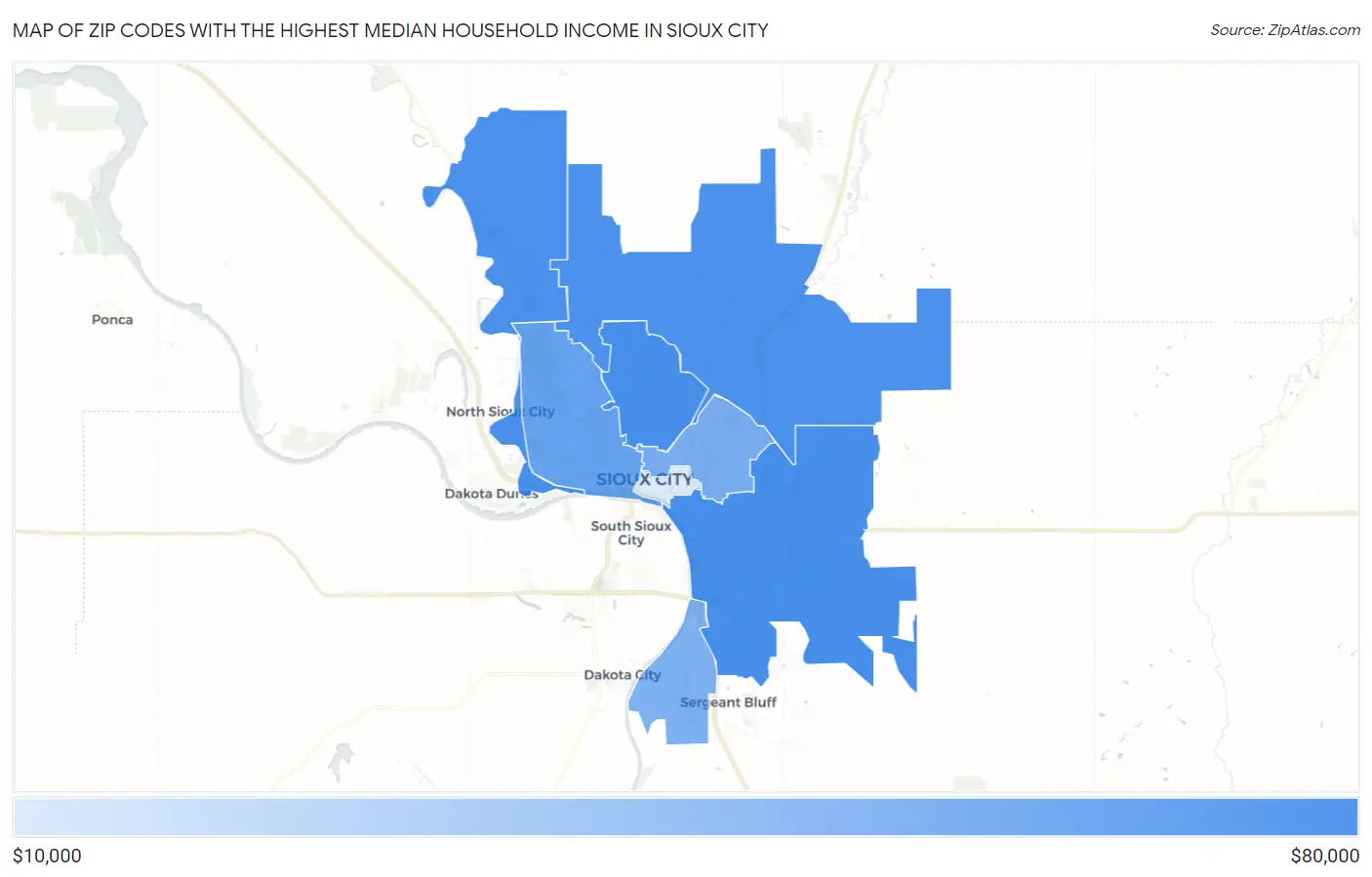 Zip Codes with the Highest Median Household Income in Sioux City Map