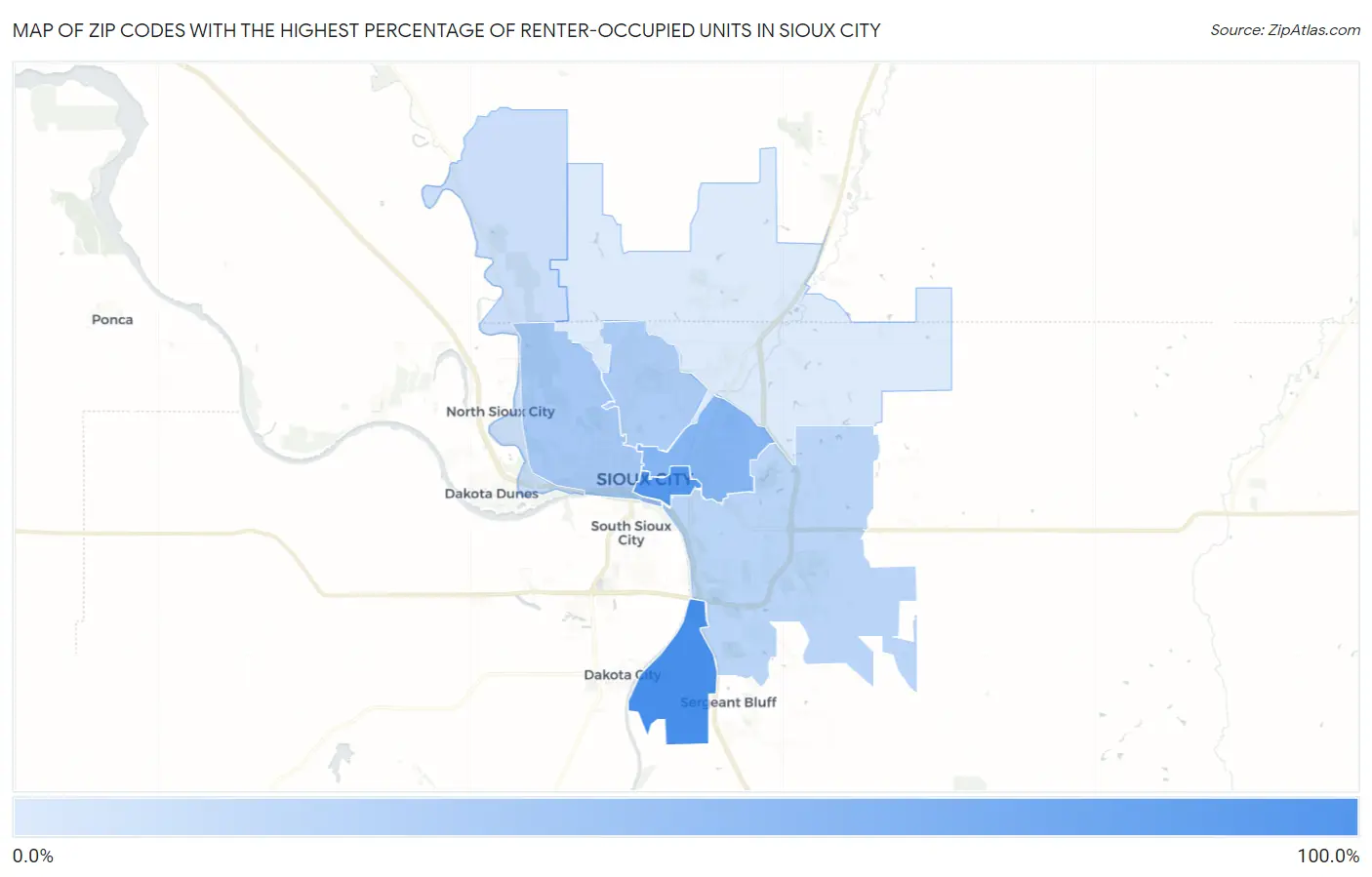 Zip Codes with the Highest Percentage of Renter-Occupied Units in Sioux City Map