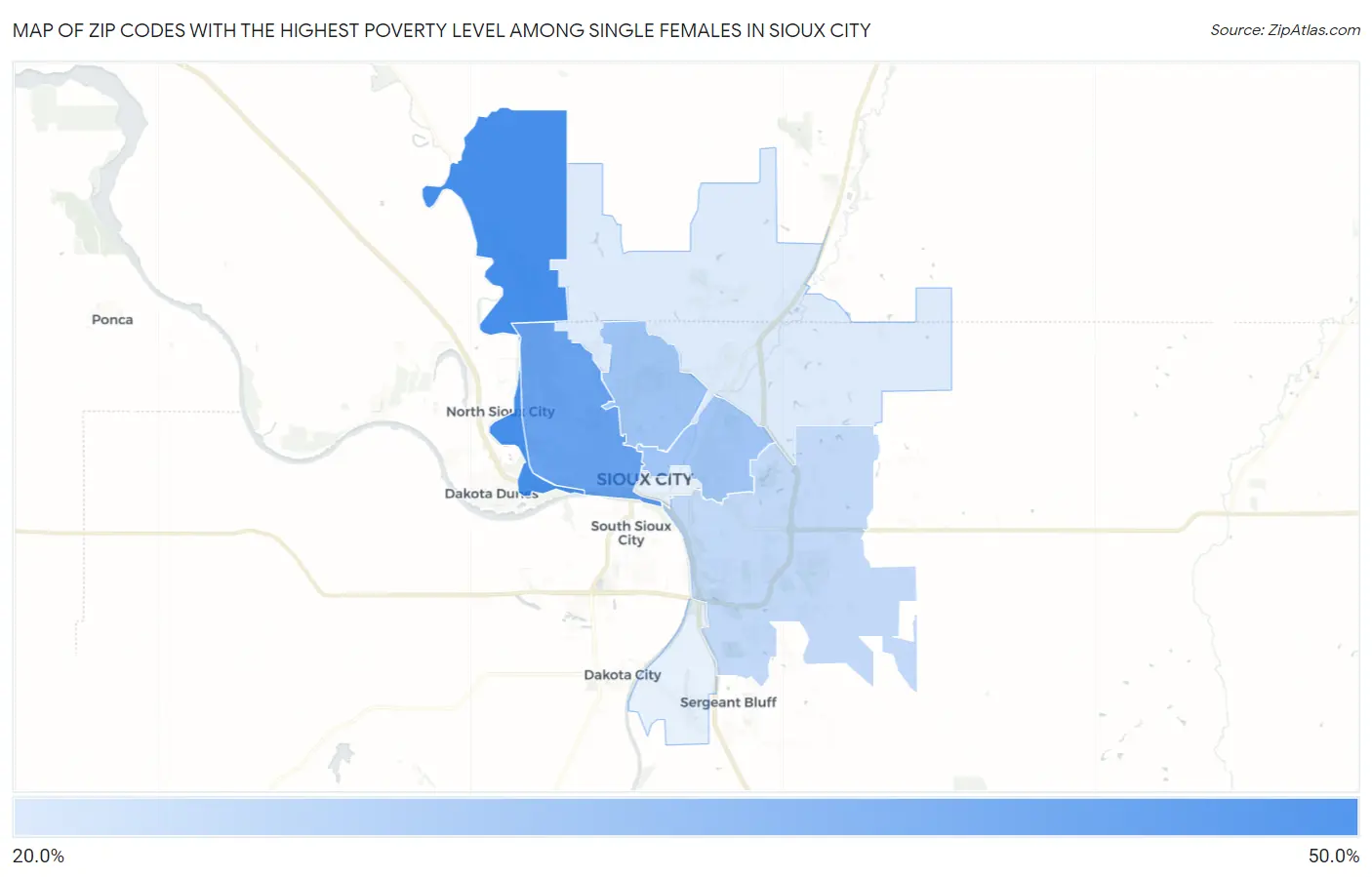 Zip Codes with the Highest Poverty Level Among Single Females in Sioux City Map