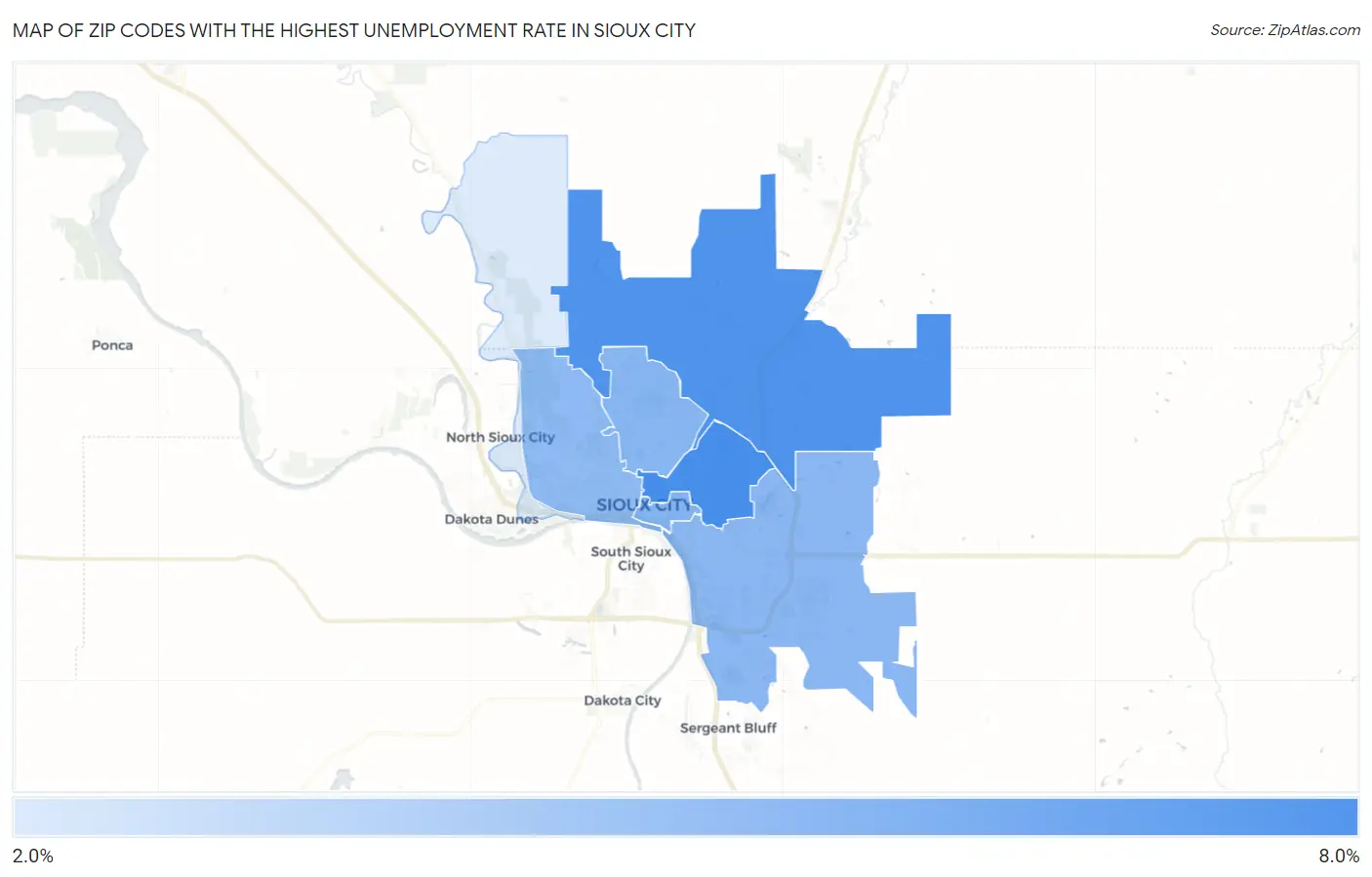 Zip Codes with the Highest Unemployment Rate in Sioux City Map