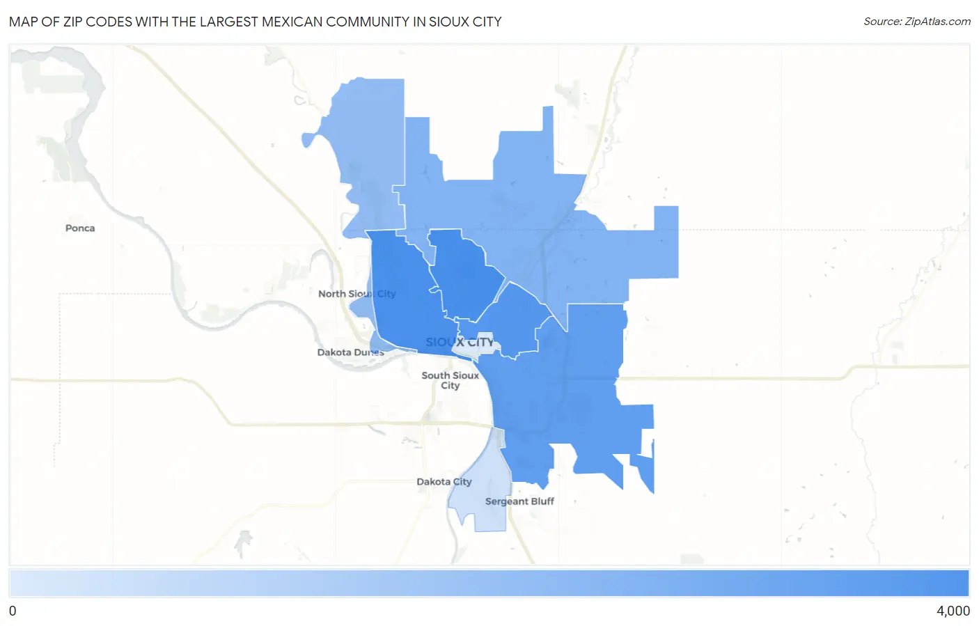 Zip Codes with the Largest Mexican Community in Sioux City Map