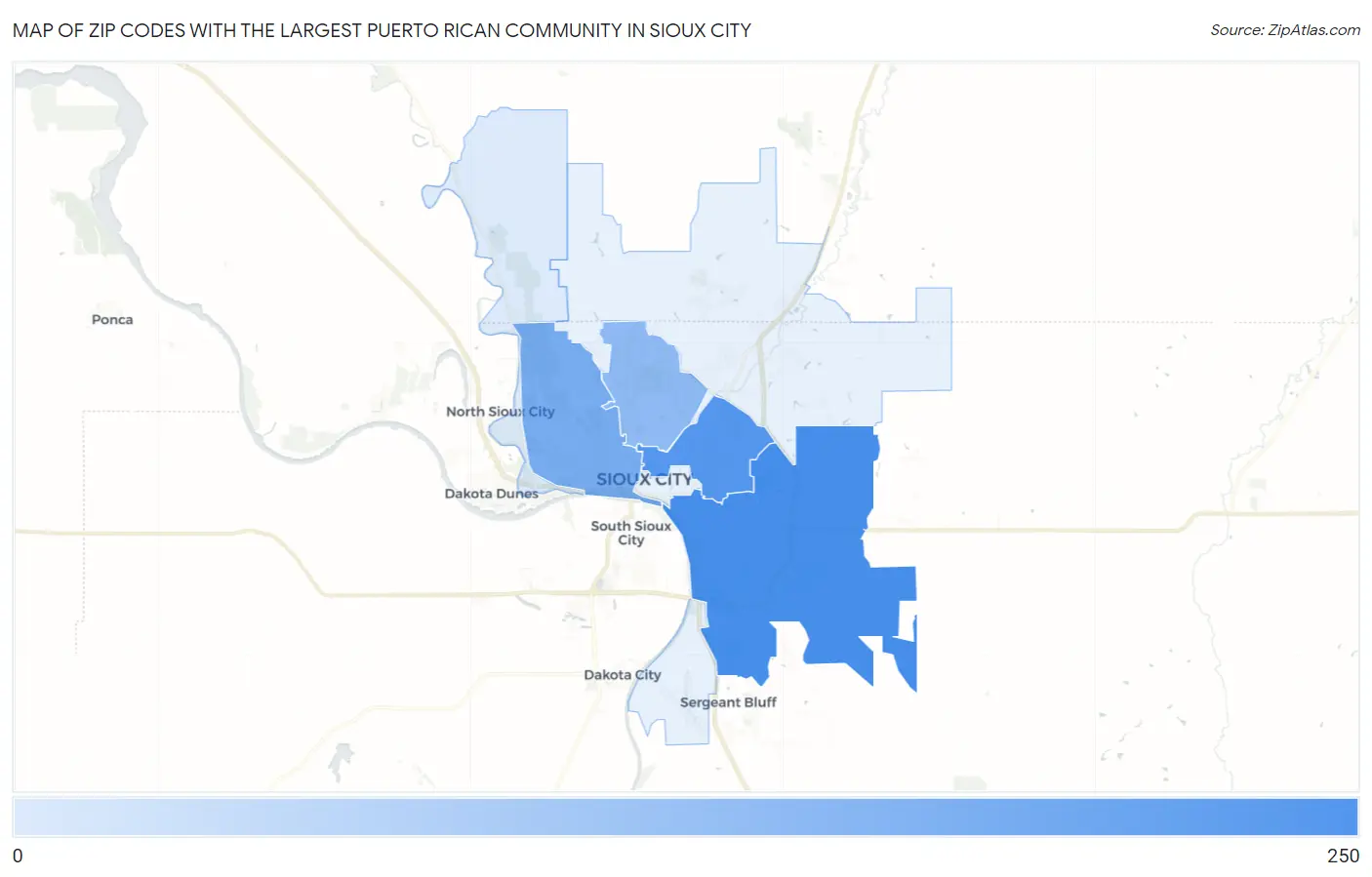 Zip Codes with the Largest Puerto Rican Community in Sioux City Map