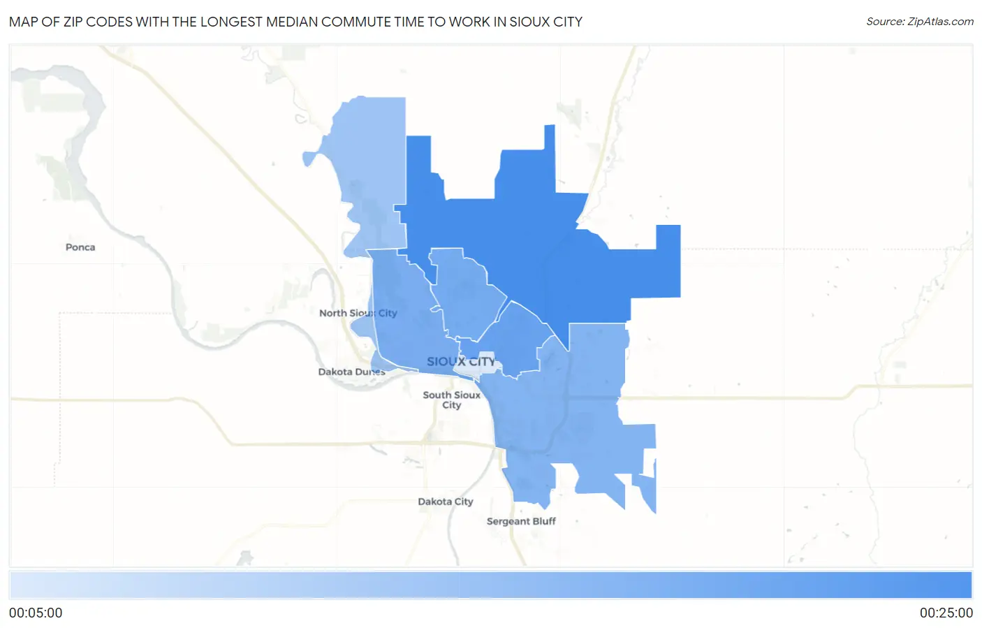 Zip Codes with the Longest Median Commute Time to Work in Sioux City Map