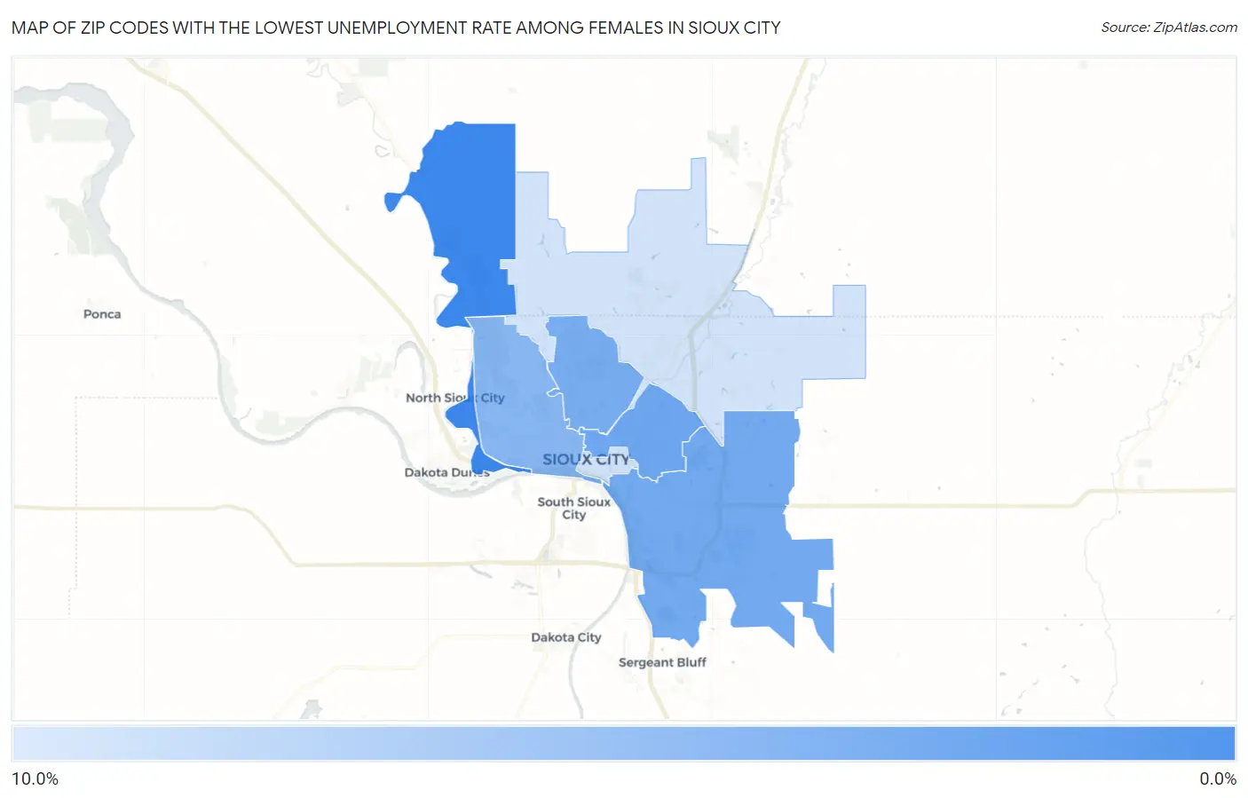 Zip Codes with the Lowest Unemployment Rate Among Females in Sioux City Map