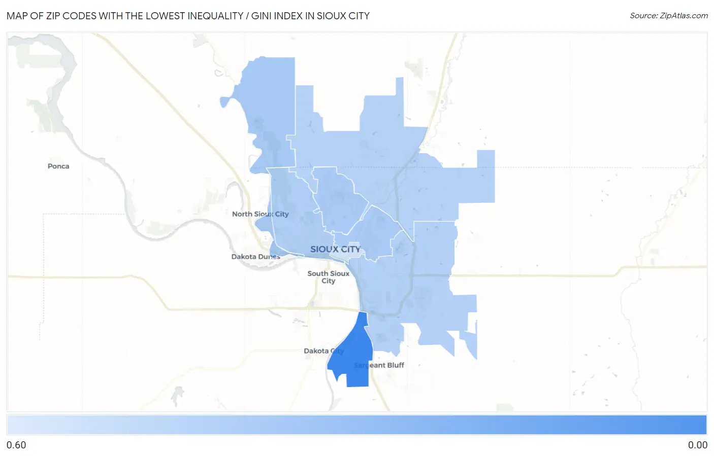 Zip Codes with the Lowest Inequality / Gini Index in Sioux City Map