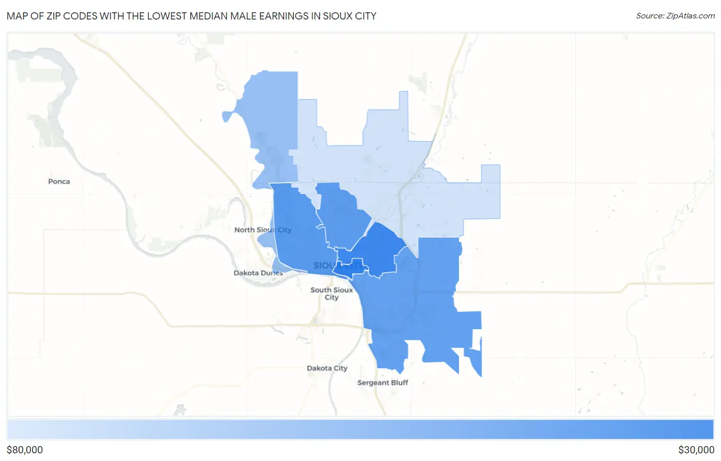 Zip Codes with the Lowest Median Male Earnings in Sioux City Map