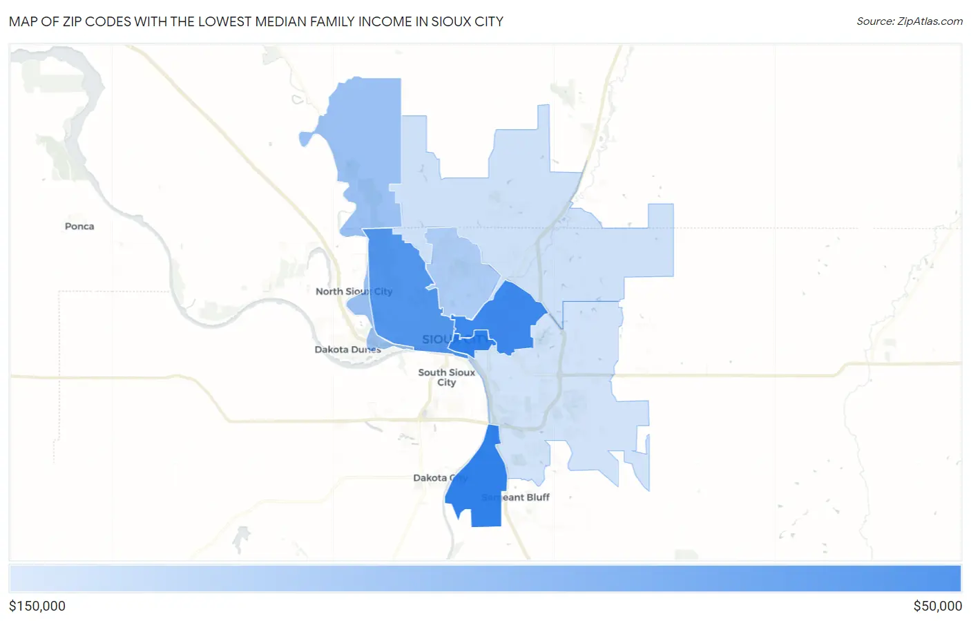 Zip Codes with the Lowest Median Family Income in Sioux City Map