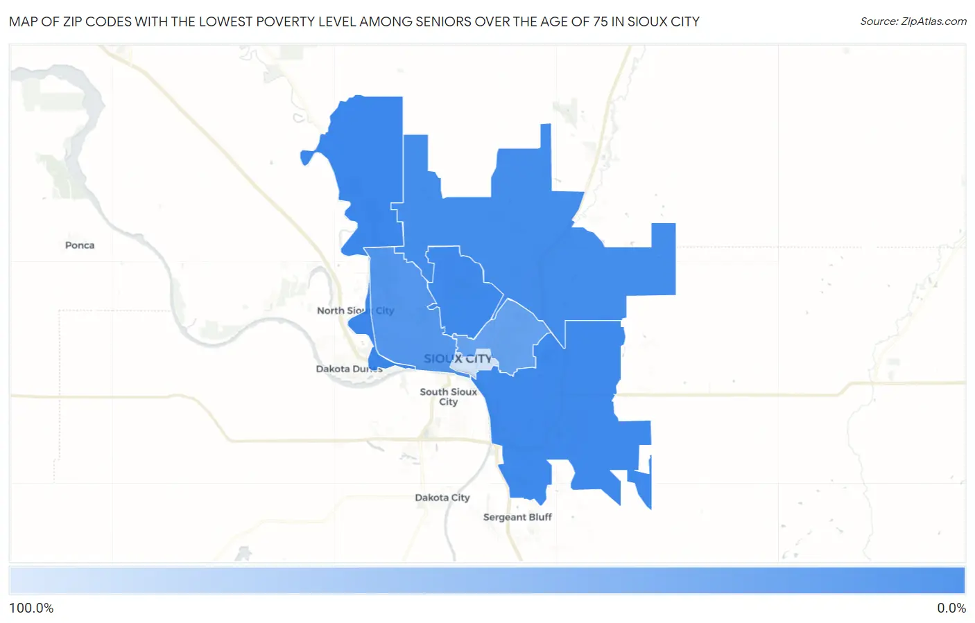 Zip Codes with the Lowest Poverty Level Among Seniors Over the Age of 75 in Sioux City Map