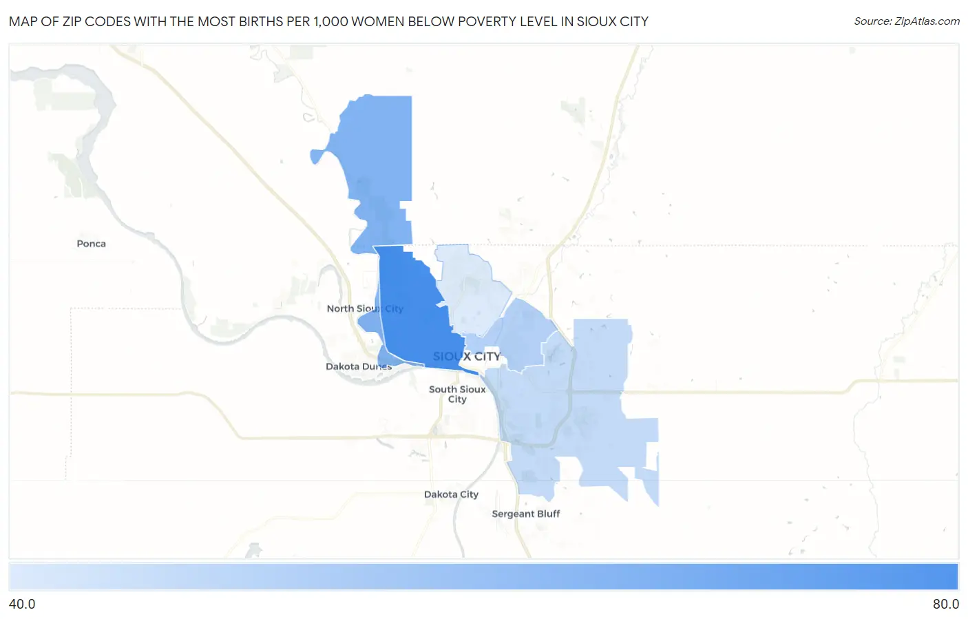 Zip Codes with the Most Births per 1,000 Women Below Poverty Level in Sioux City Map