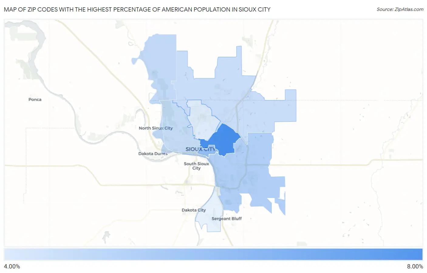 Zip Codes with the Highest Percentage of American Population in Sioux City Map
