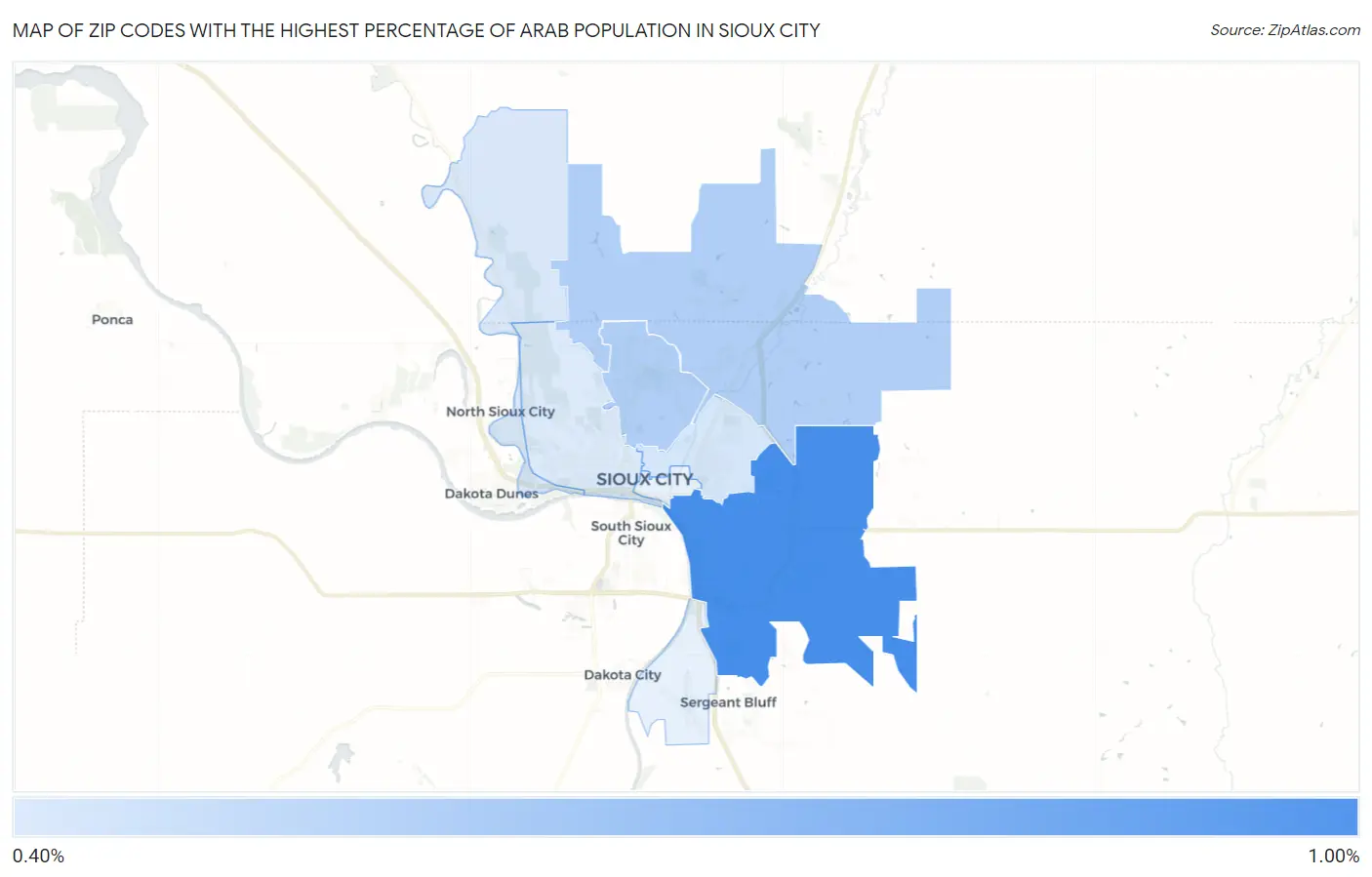 Zip Codes with the Highest Percentage of Arab Population in Sioux City Map