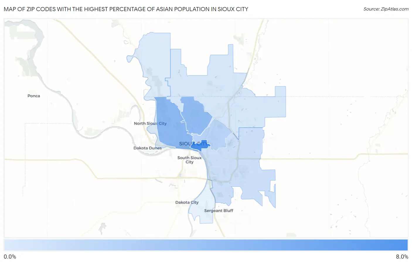 Zip Codes with the Highest Percentage of Asian Population in Sioux City Map