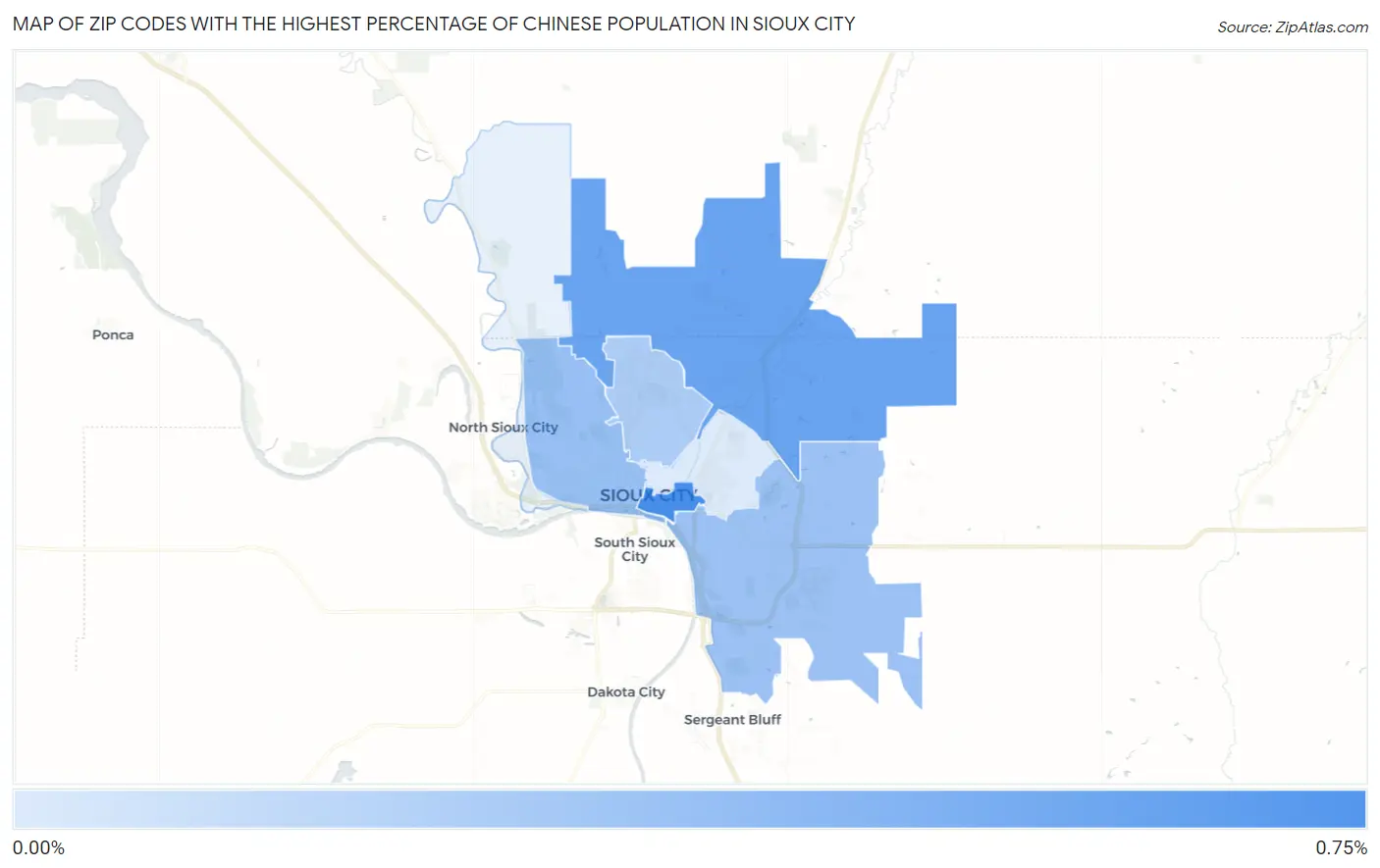 Zip Codes with the Highest Percentage of Chinese Population in Sioux City Map