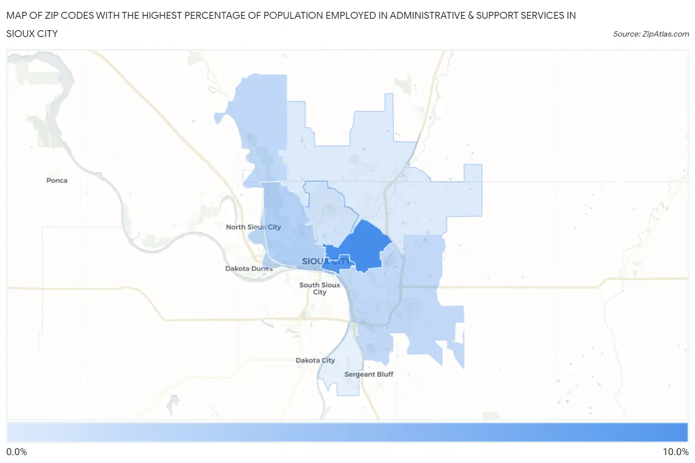 Zip Codes with the Highest Percentage of Population Employed in Administrative & Support Services in Sioux City Map