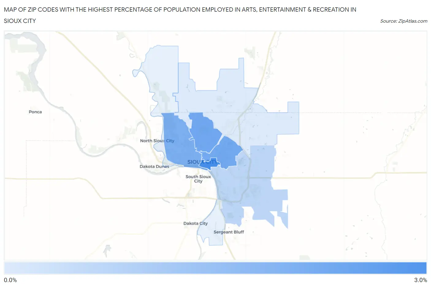 Zip Codes with the Highest Percentage of Population Employed in Arts, Entertainment & Recreation in Sioux City Map