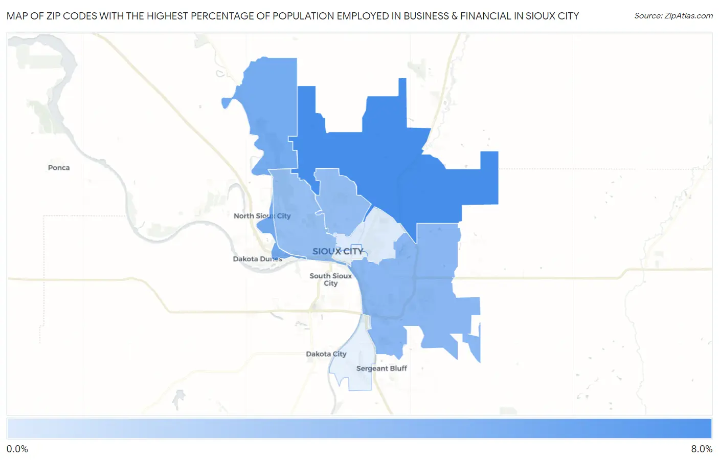 Zip Codes with the Highest Percentage of Population Employed in Business & Financial in Sioux City Map
