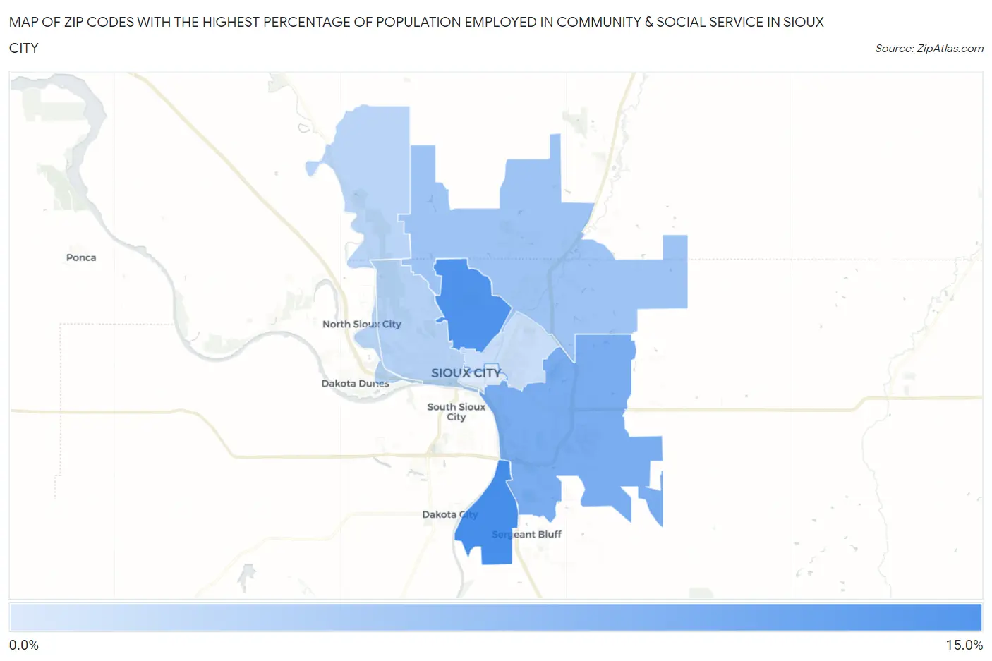 Zip Codes with the Highest Percentage of Population Employed in Community & Social Service  in Sioux City Map