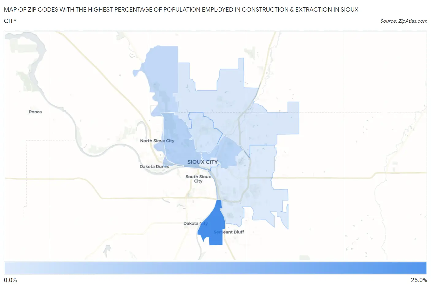 Zip Codes with the Highest Percentage of Population Employed in Construction & Extraction in Sioux City Map