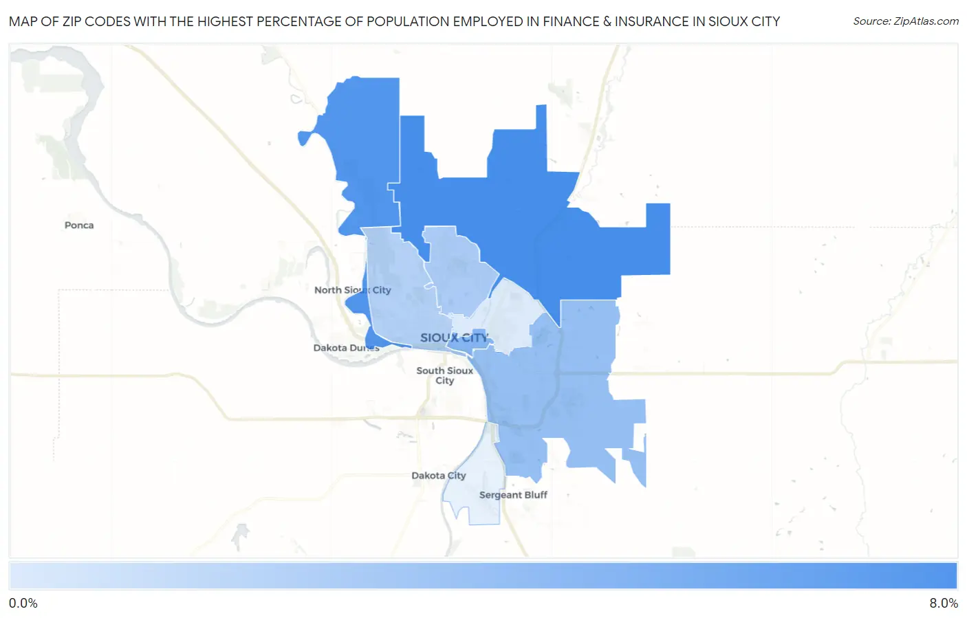 Zip Codes with the Highest Percentage of Population Employed in Finance & Insurance in Sioux City Map