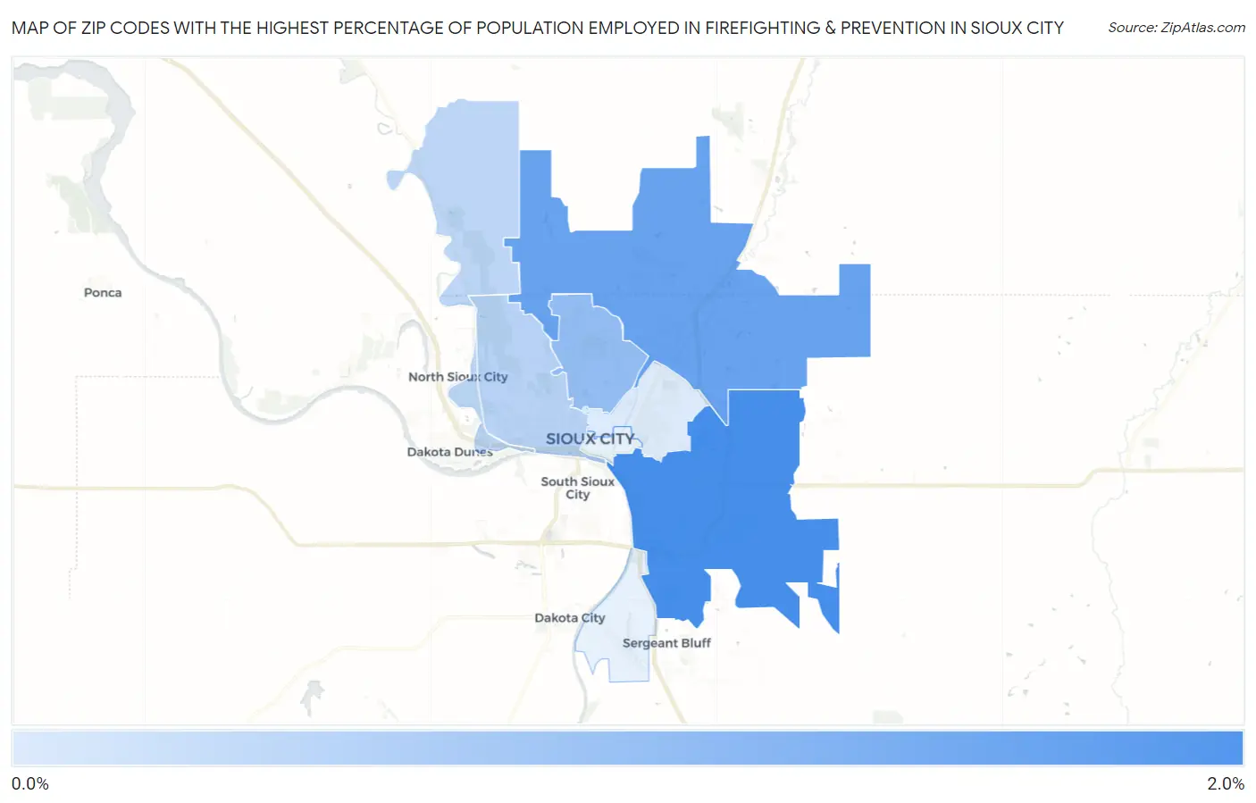 Zip Codes with the Highest Percentage of Population Employed in Firefighting & Prevention in Sioux City Map