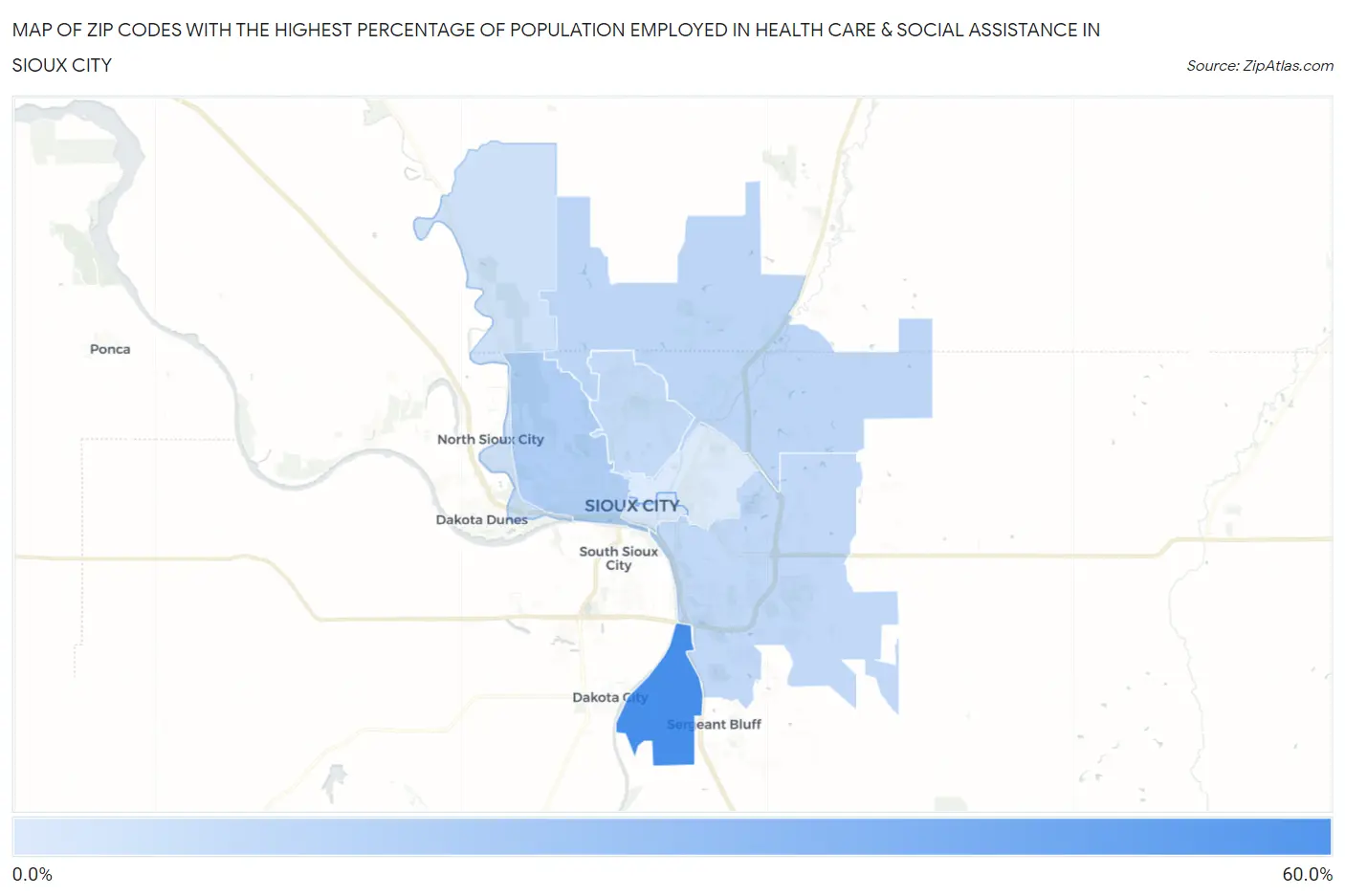 Zip Codes with the Highest Percentage of Population Employed in Health Care & Social Assistance in Sioux City Map