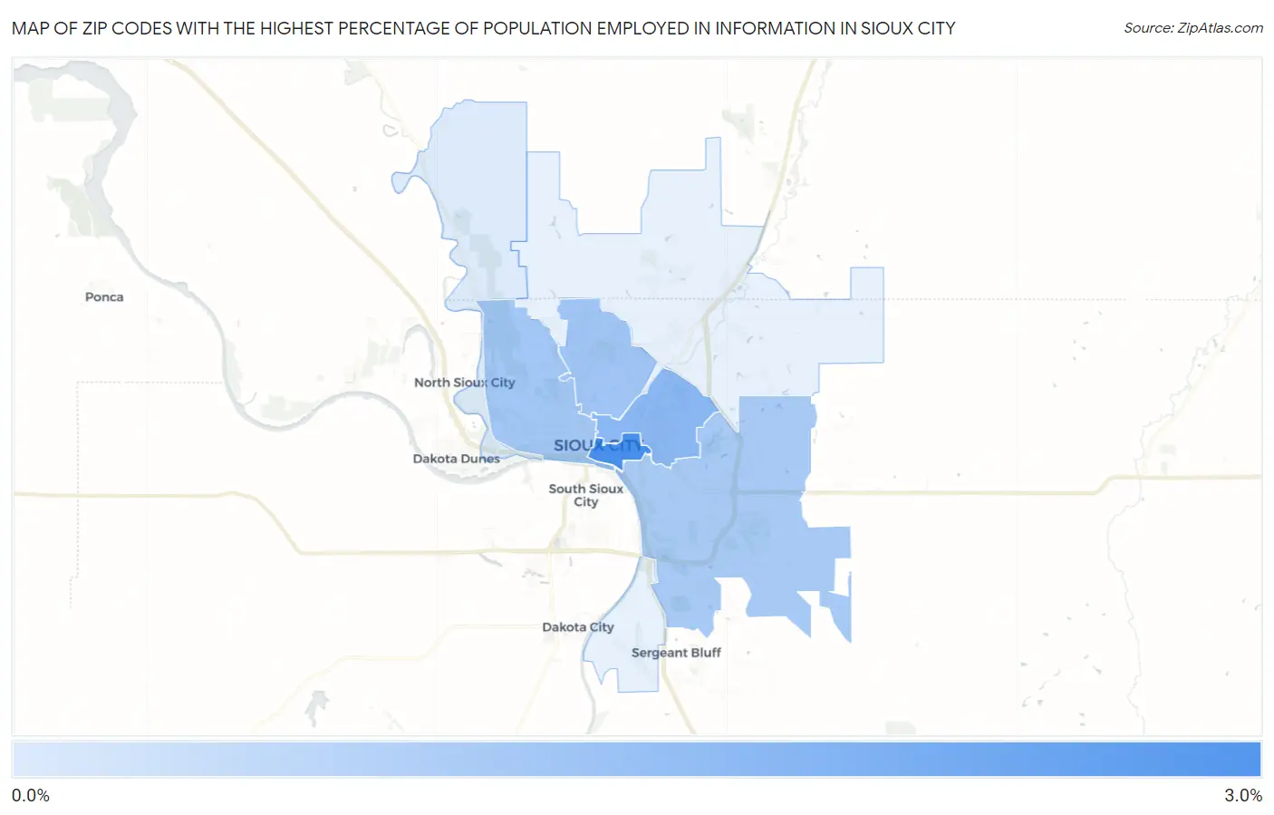 Zip Codes with the Highest Percentage of Population Employed in Information in Sioux City Map