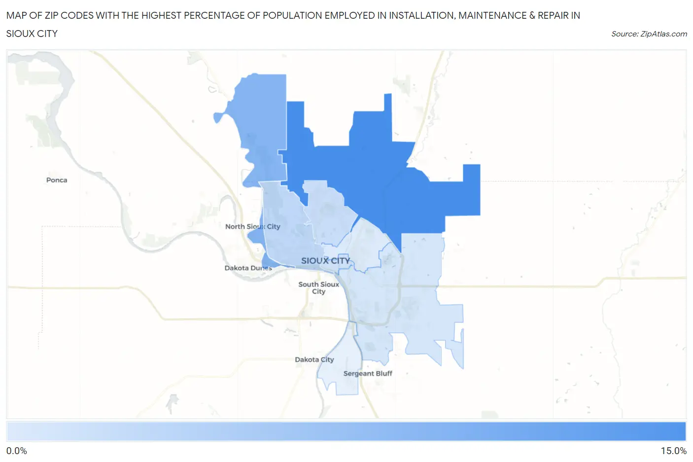 Zip Codes with the Highest Percentage of Population Employed in Installation, Maintenance & Repair in Sioux City Map