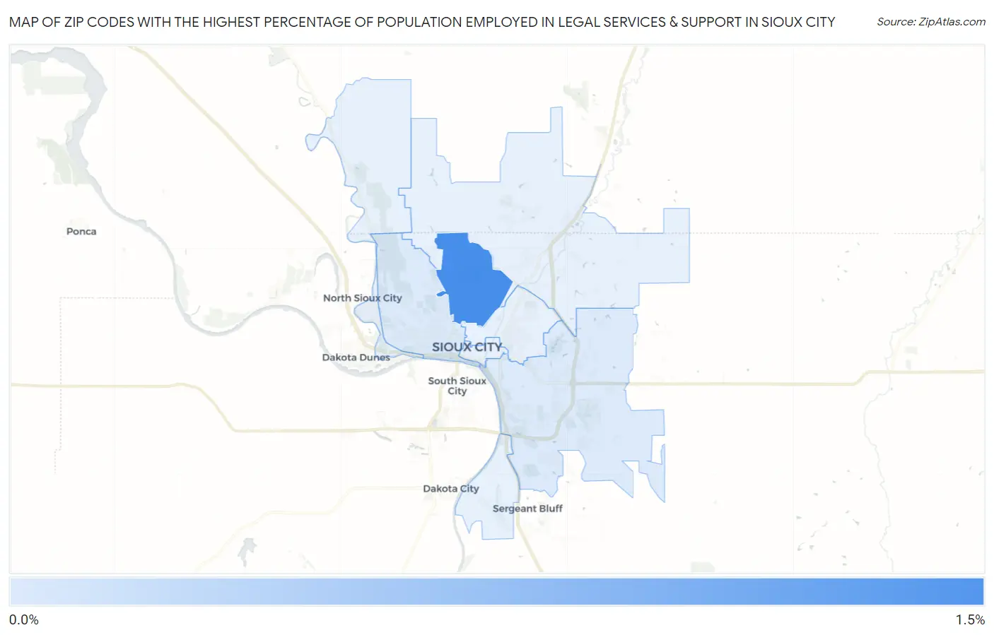 Zip Codes with the Highest Percentage of Population Employed in Legal Services & Support in Sioux City Map